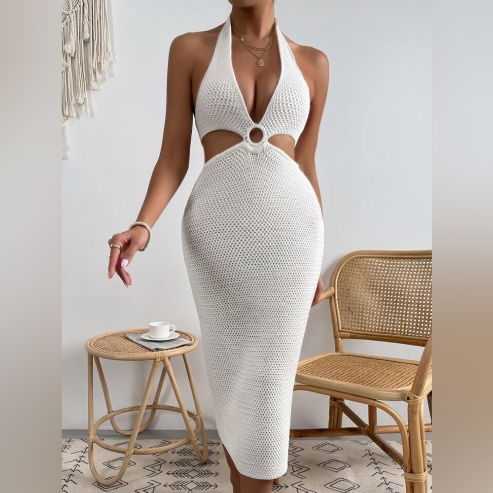 O-ring Cut Out Tie Backless Halter Cover Up Dress White halter coverup